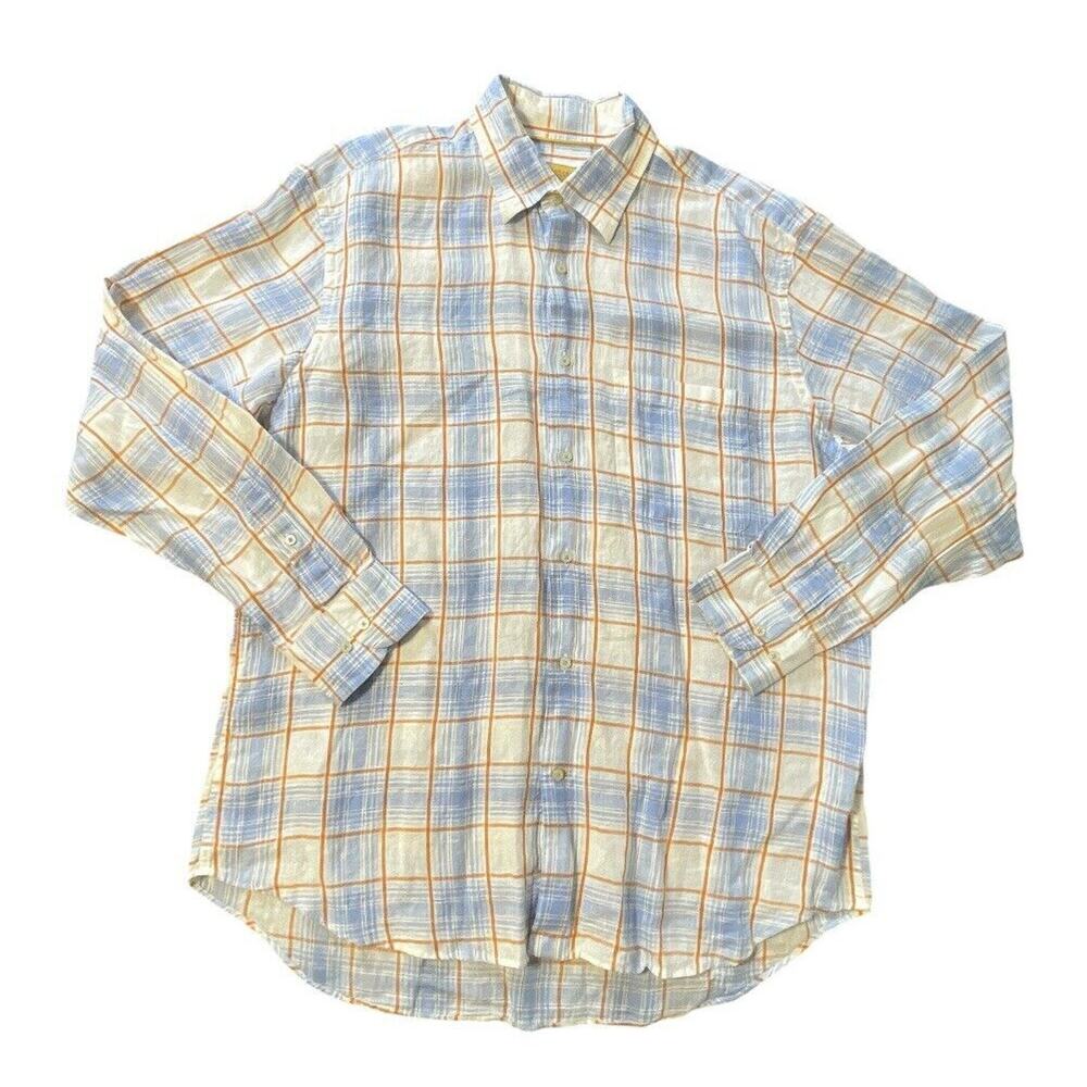 Robert Talbott Carmel LS Button Down Shirt Pure Linen Plaid Blue & Orange XL Men